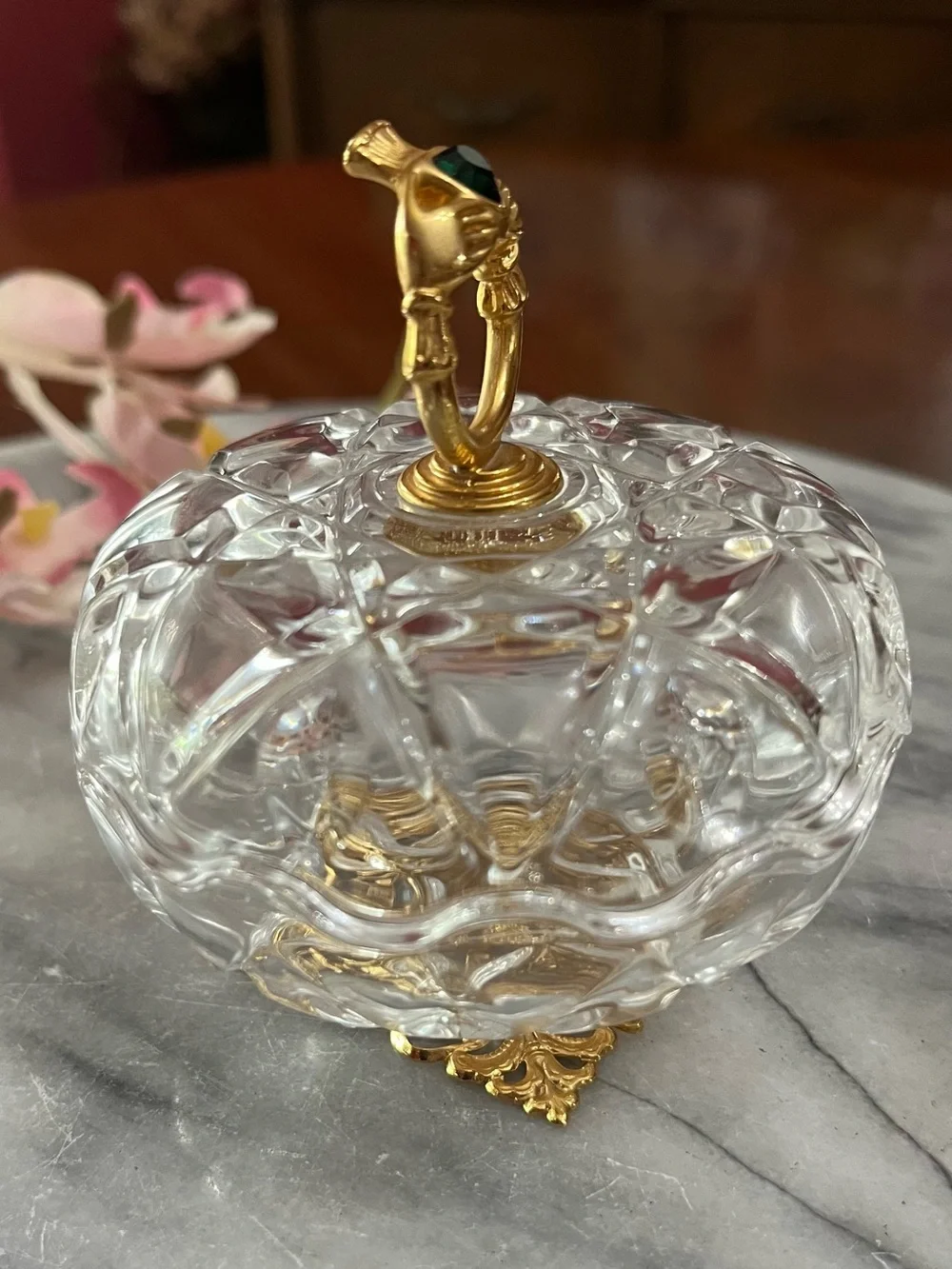 VTG Killarney Crystal Ireland Trinket Dish 22K Gold Claddagh Lid & Filigree Base